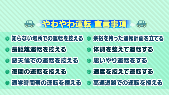 19年6月から実施中の富山県「やわやわ運転宣言事項」(画像)