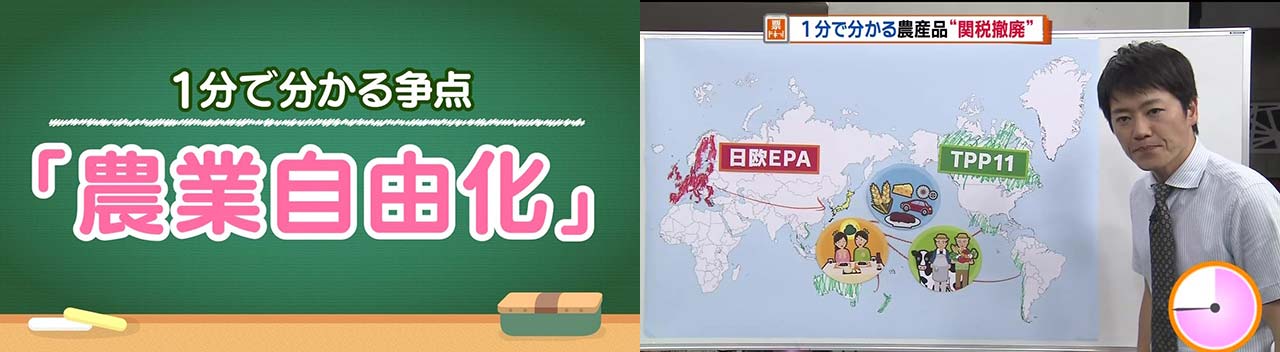 今日ドキッ！内で放送した「1分で分かる争点～農業自由化～」（画像）