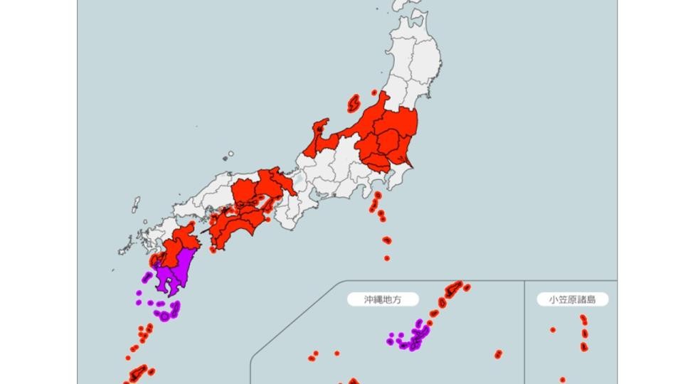 宮崎と鹿児島、沖縄に熱中症警戒アラートを発表(気象庁・紫色の地域 赤色は日最高暑さ指数(予測値)31以上)