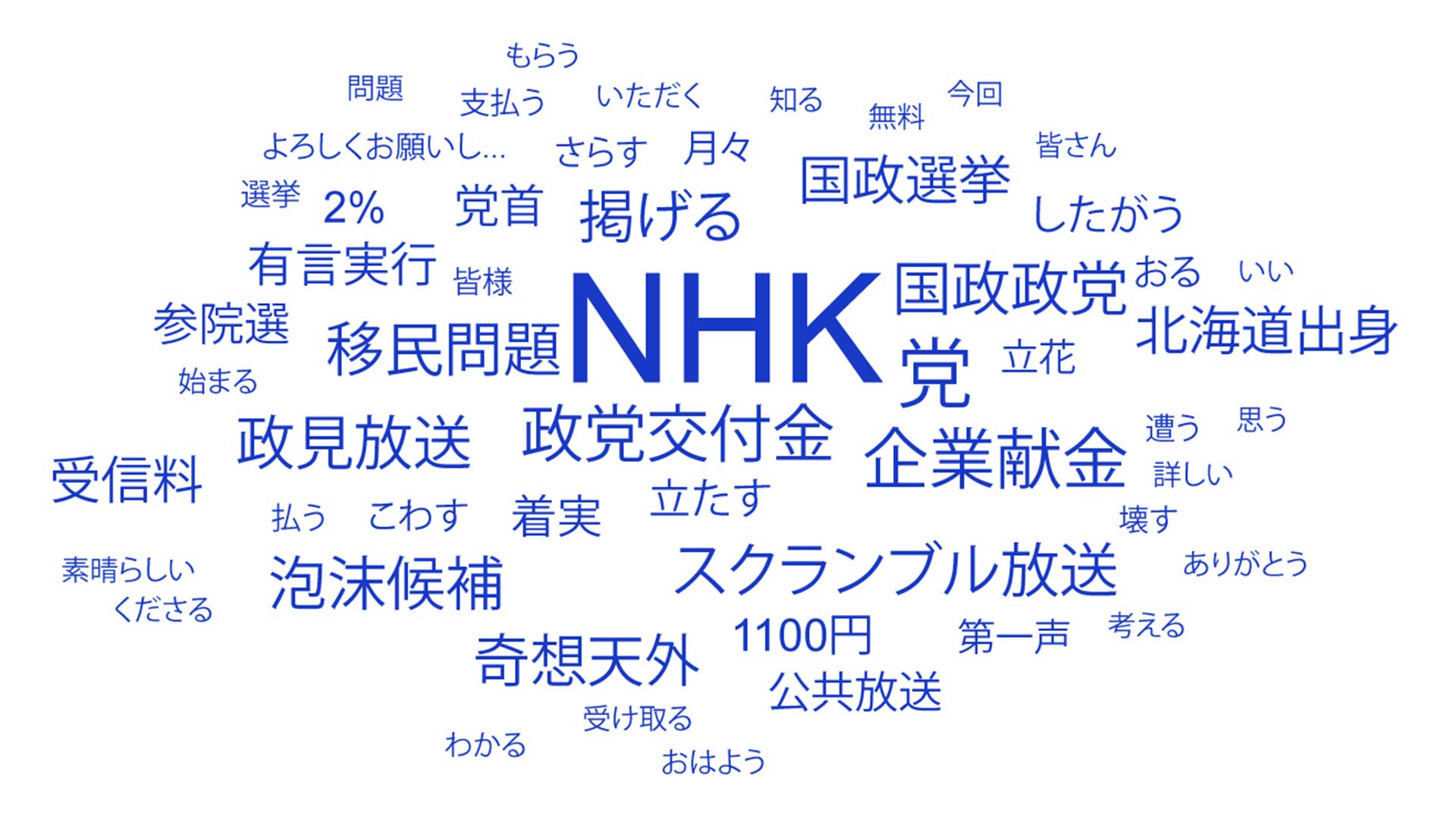 多く使われた言葉は「NHK」「党」「企業献金」「スクランブル放送」「政見放送」など