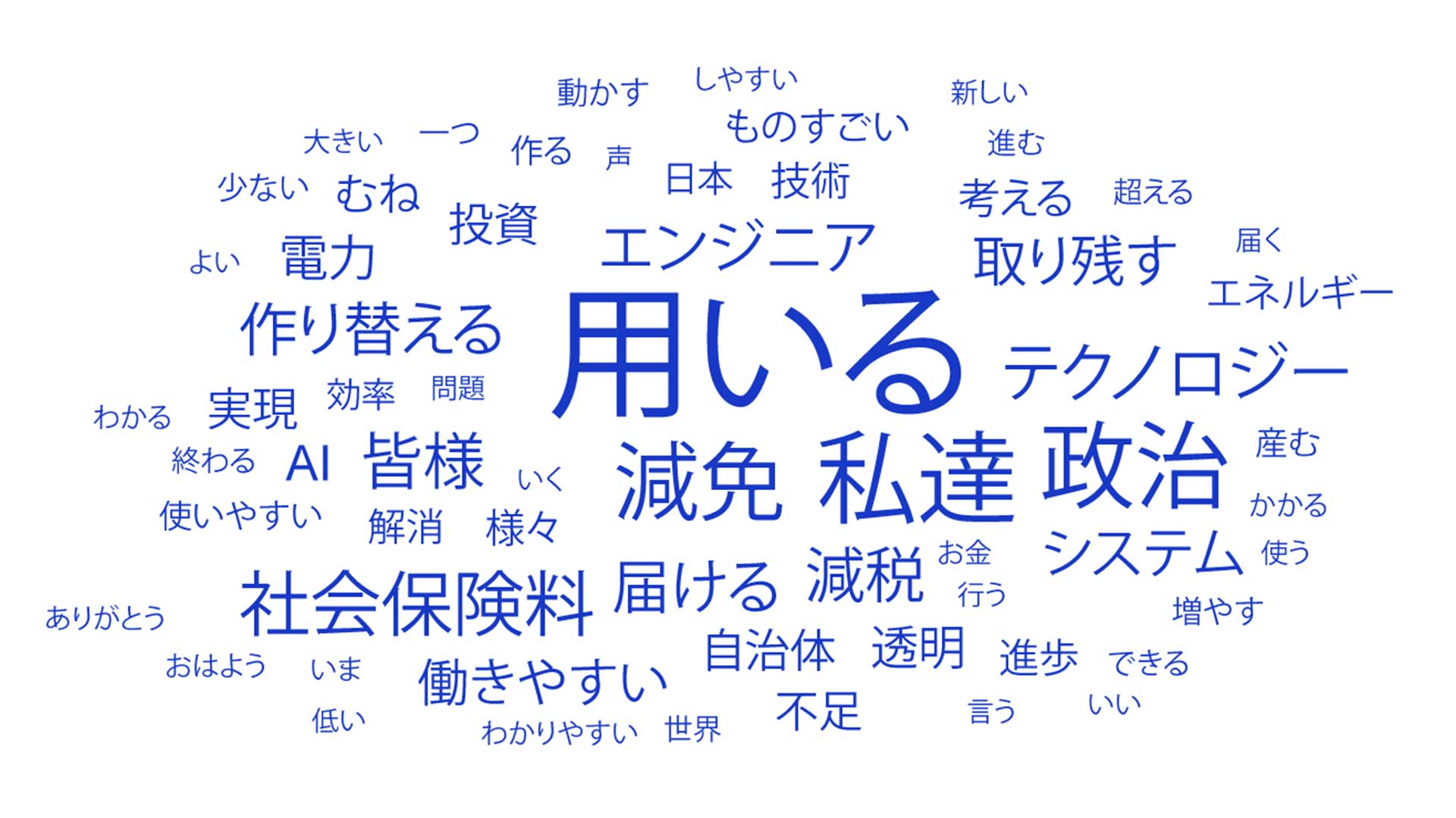 多く使われた言葉は「用いる」「私達」「政治」「減免」「社会保険料」など