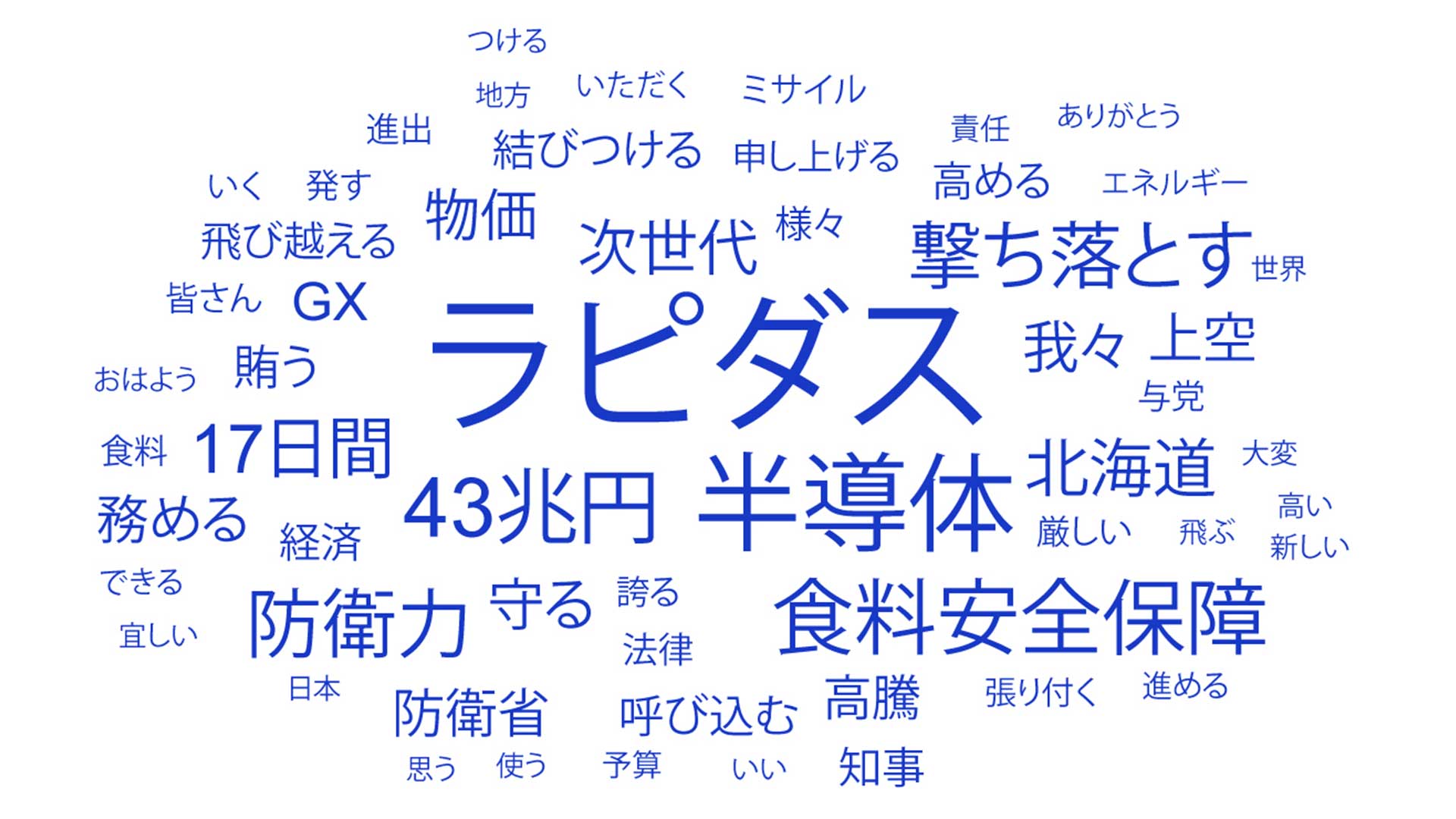 多く使われた言葉は「ラピダス」「半導体」「食料安全保障」「43兆円」「防衛力」など