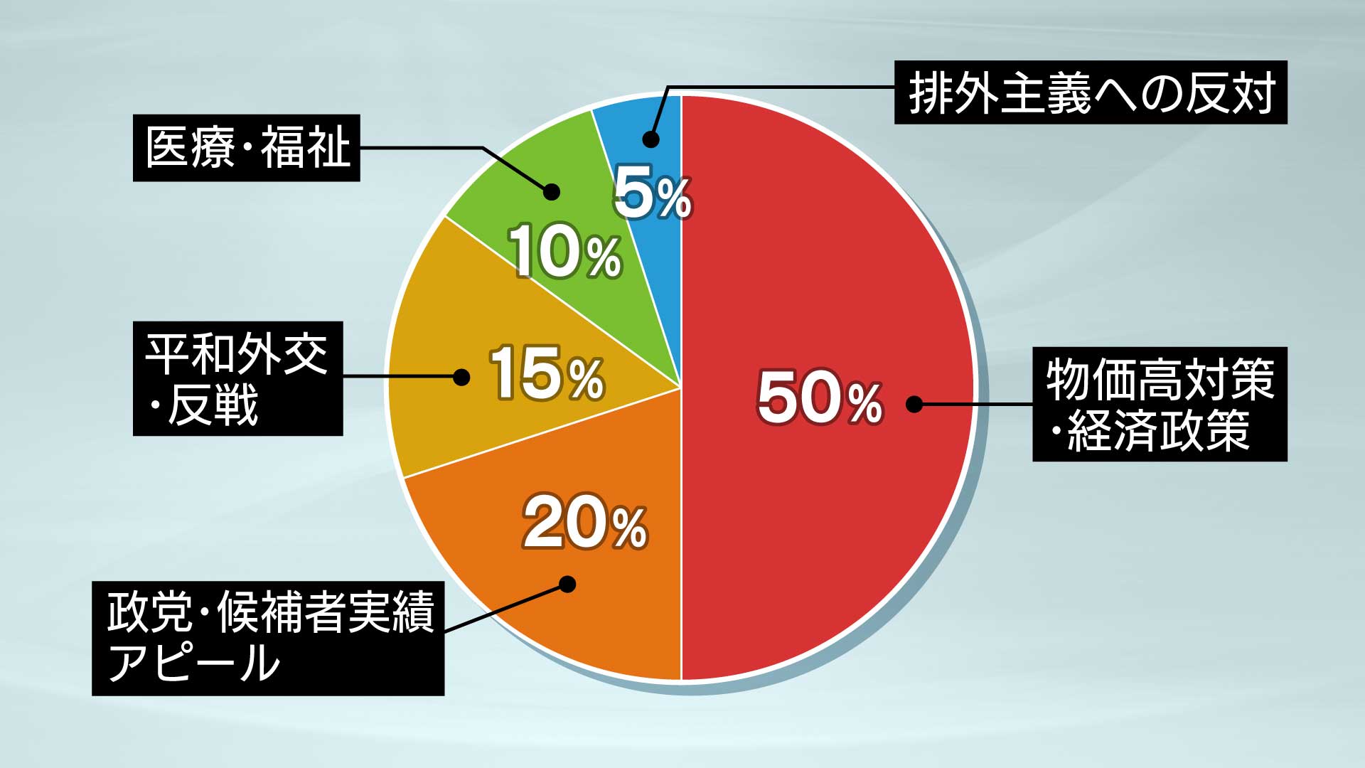 物価高対策・経済政策50％、政党・候補者実績アピール20％、平和外交・反戦15％、医療・福祉10％、排外主義への反対5％