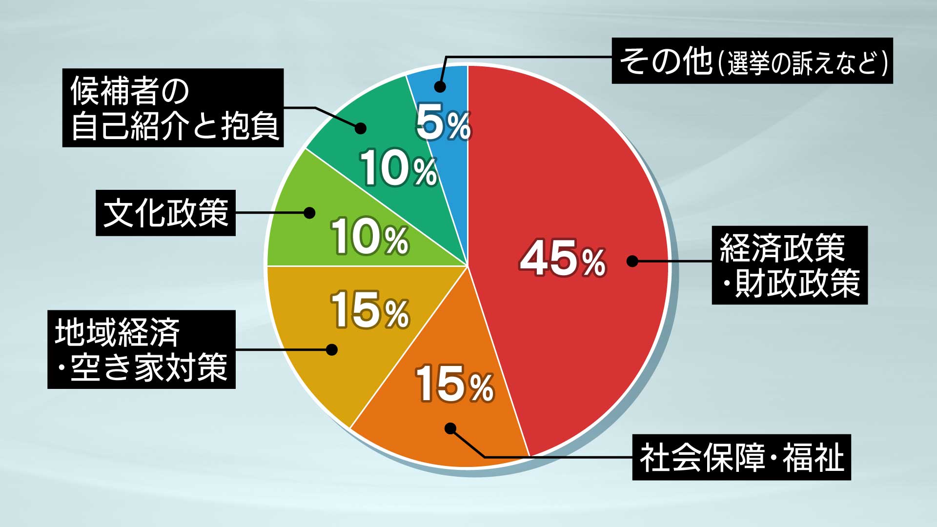 経済政策・財政政策45％、社会保障・福祉15％、地域経済・空き家対策15％、文化政策10％、候補者の自己紹介と抱負10％、その他（選挙の訴えなど）5％