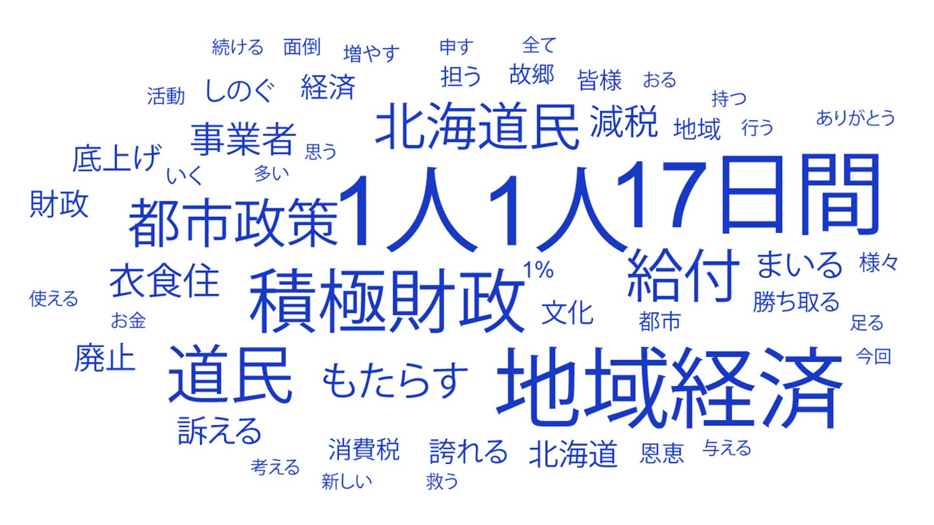 多く使われた言葉は「1人1人」「地域経済」「17日寛」「積極財政」「道民」など
