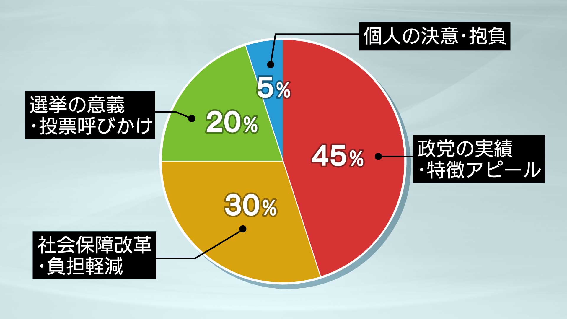 政党の実績・特徴アピール45％、社会保障改革・負担軽減30％、選挙の意義・投票呼びかけ20％、個人の決意・豊富5％