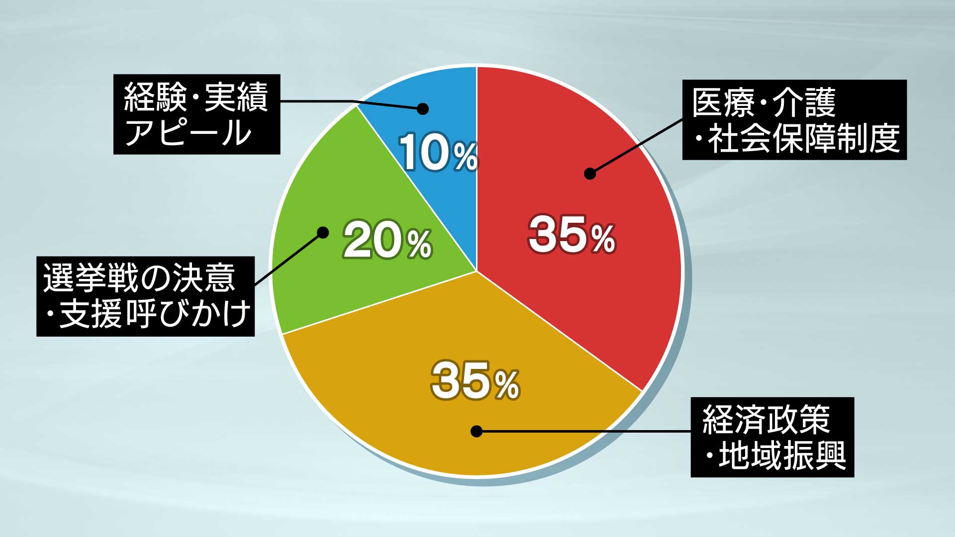 医療・介護・社会保障制度35％、経済政策・地域振興35％、選挙戦の決意・支援呼びかけ20％、経験・実績アピール10％