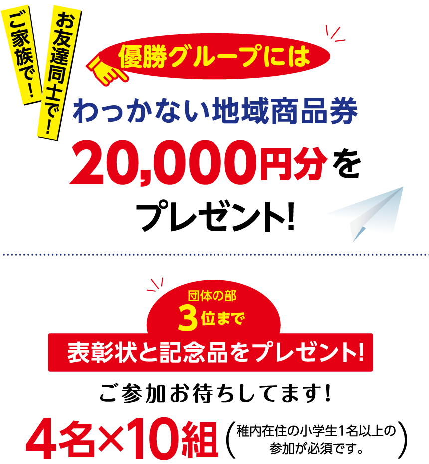 ご家族で！お友達同士で！ご参加ください。団体の部は3位までのグループに、表彰状と記念品をプレゼント！
