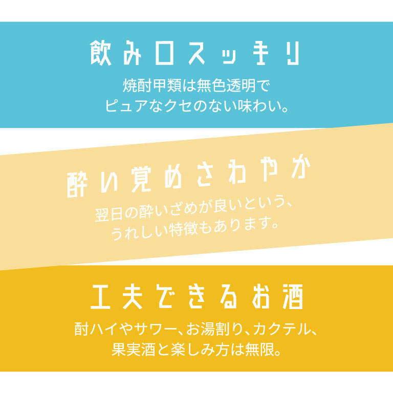 飲み口スッキリ　焼酎甲類は無色透明でピュアなクセのない味わい。｜酔い覚めさわやか　翌日の酔いざめが良いという、うれしい特徴もあります。｜工夫できるお酒　酎ハイやサワー、お湯割り、カクテル、果実酒と楽しみ方は無限。