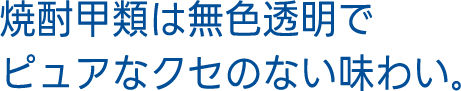 焼酎甲類は無色透明でピュアなクセのない味わい。